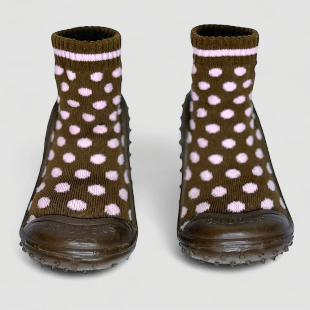 Skidders Brown Baby Shoes with Pink Polka Dots Size 8 / 24M Walker
